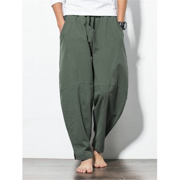 Men's Loose Wide Leg Pants Solid Color Casual Baggy Breathable Cotton Harem Pants