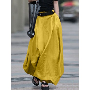 Women Cotton High Elastic Waist Side Pocket Zipper Solid Casual Skirts