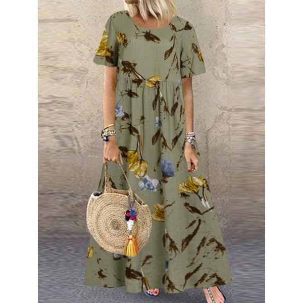 Vintage Floral Print Short Sleeve Loose Casual Maxi Dress