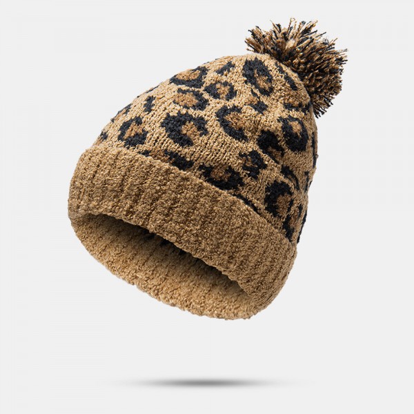 Unisex Knitted Leopard Pattern Fur Ball Decoration Flanging Casual Warmth Beanie Hat